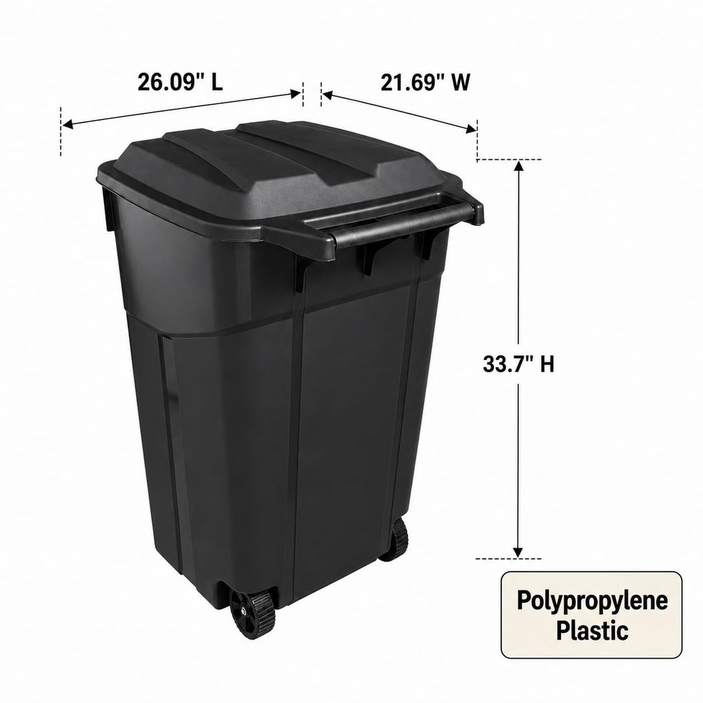 45 Gallon Black Outdoor Trash Can with Wheels and Attached Lid P735