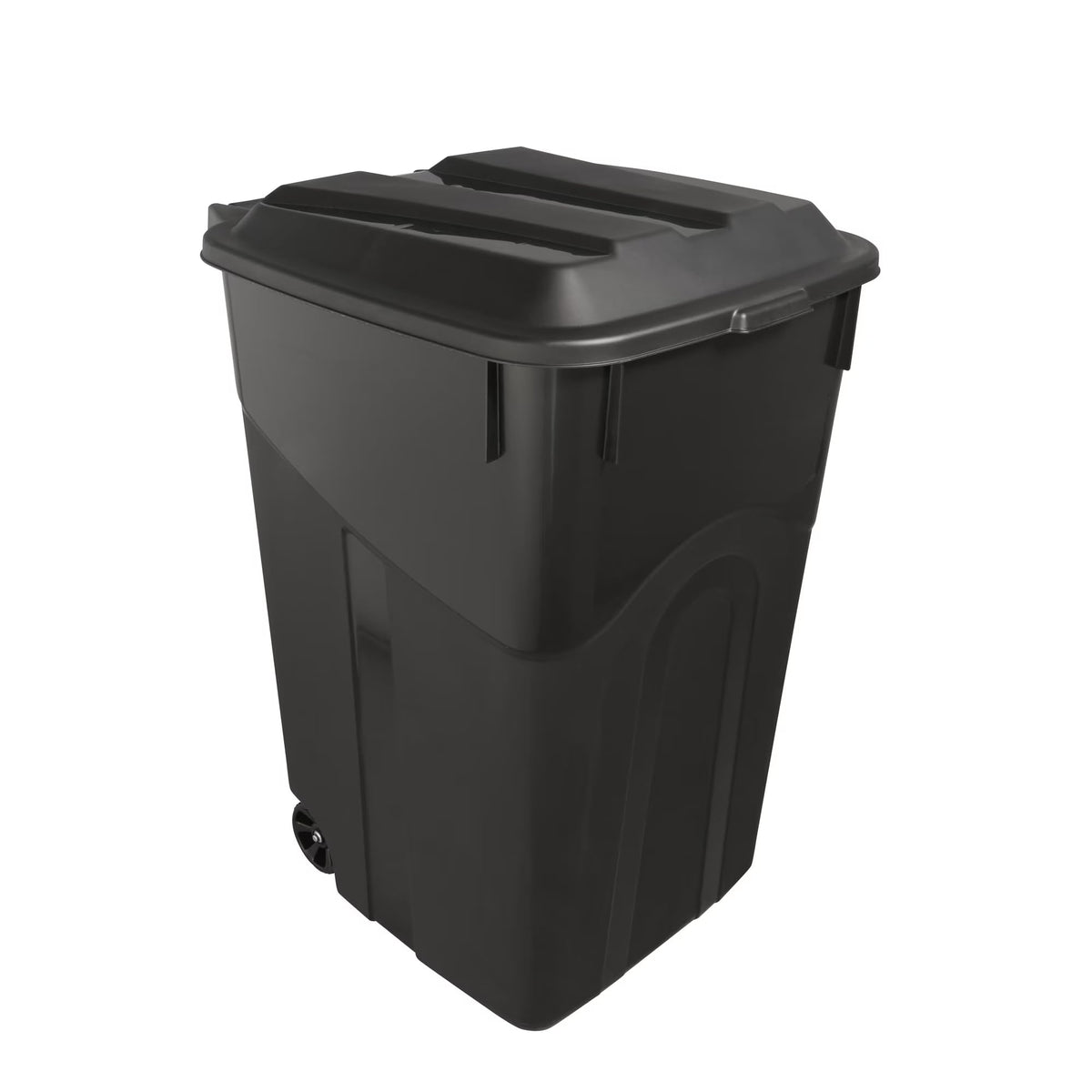 45 Gallon Black Outdoor Trash Can with Wheels and Attached Lid P735