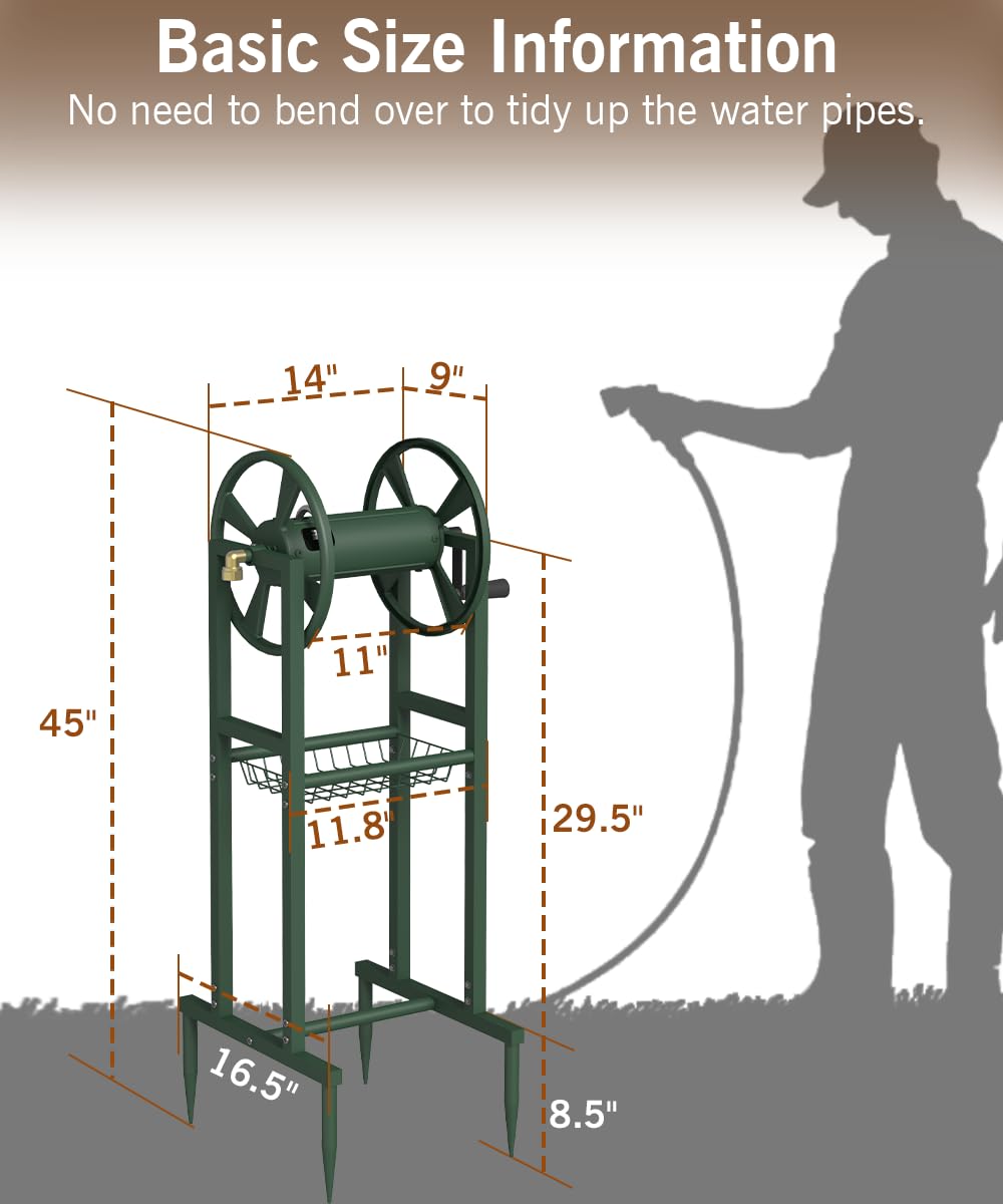 Ground Mount Garden Hose Reel Holds 125 Feet with Storage Rack Y493000