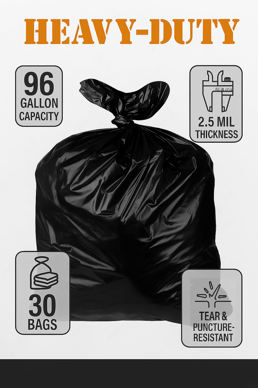 95–96 Gallon 30 Count 2.5 Mil Black Trash Bags O822997