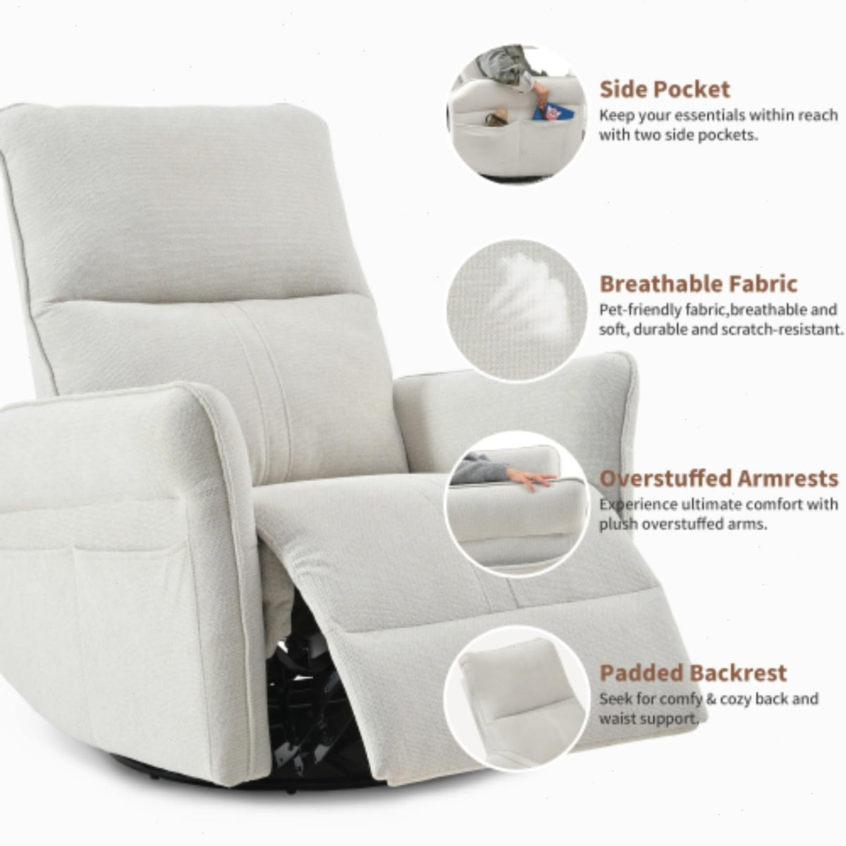 Blue-Gray Snowflake Velvet Swivel Rocker Recliner H300