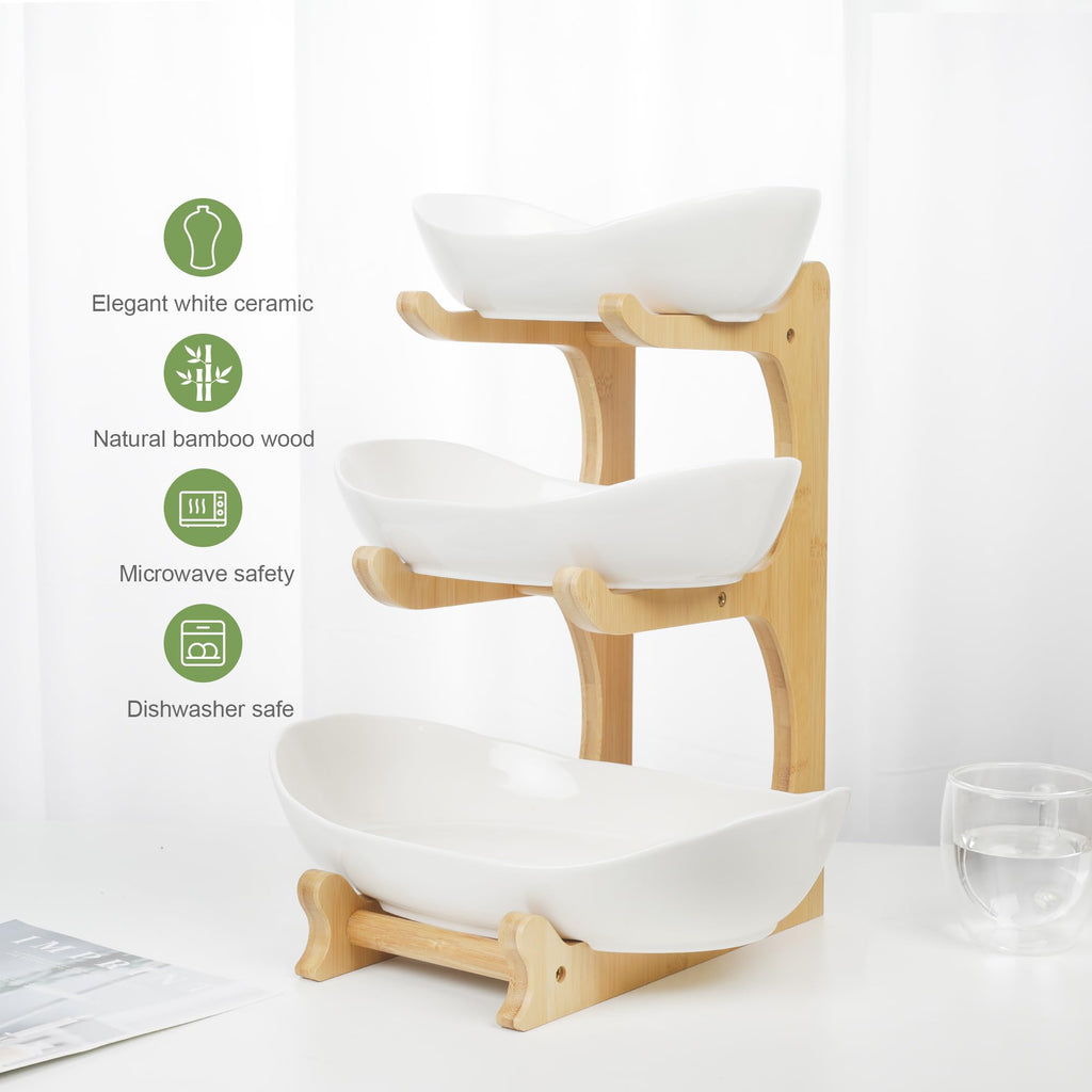 3 Tier Ceramic Fruit Bowl with Bamboo Stand D968