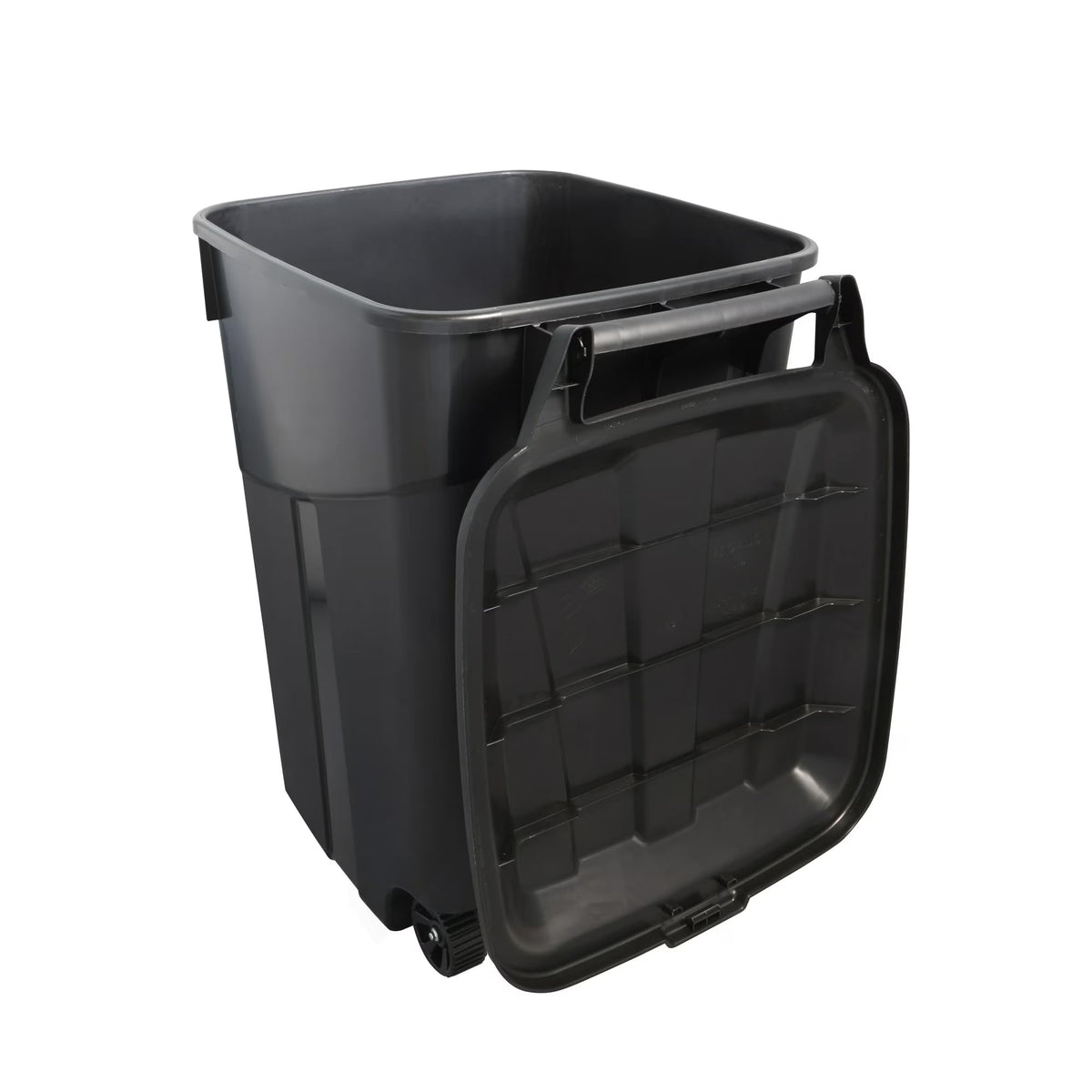 45 Gallon Black Outdoor Trash Can with Wheels and Attached Lid P735