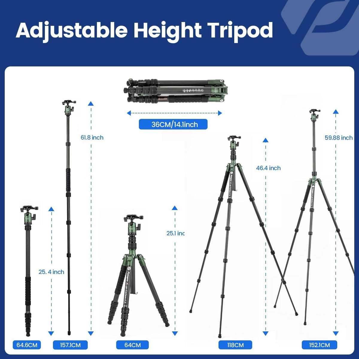60" Carbon Fiber Camera Tripod with Ball Head and Monopod F2682
