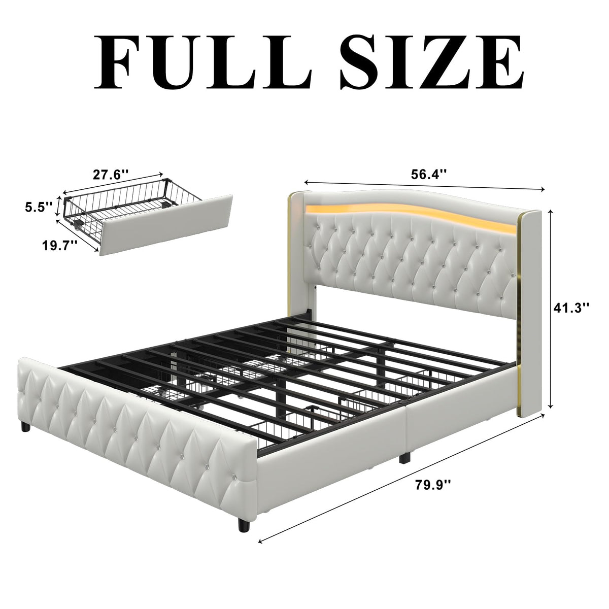 White Full Size Bed Frame with 4 Storage Drawers H4600