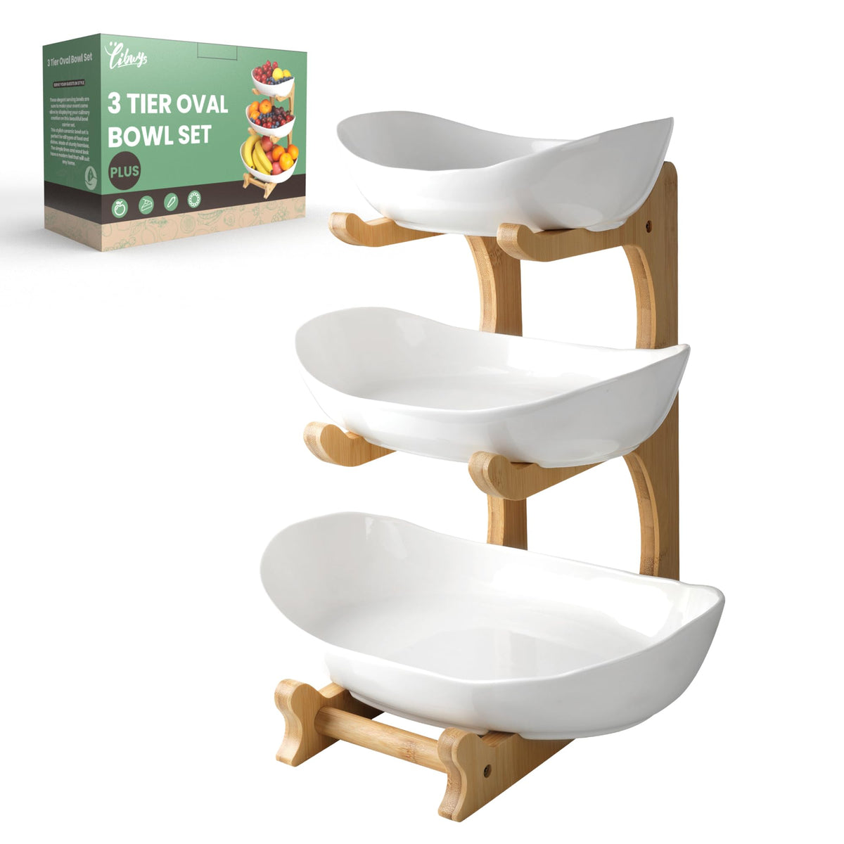 3 Tier Ceramic Fruit Bowl with Bamboo Stand D968