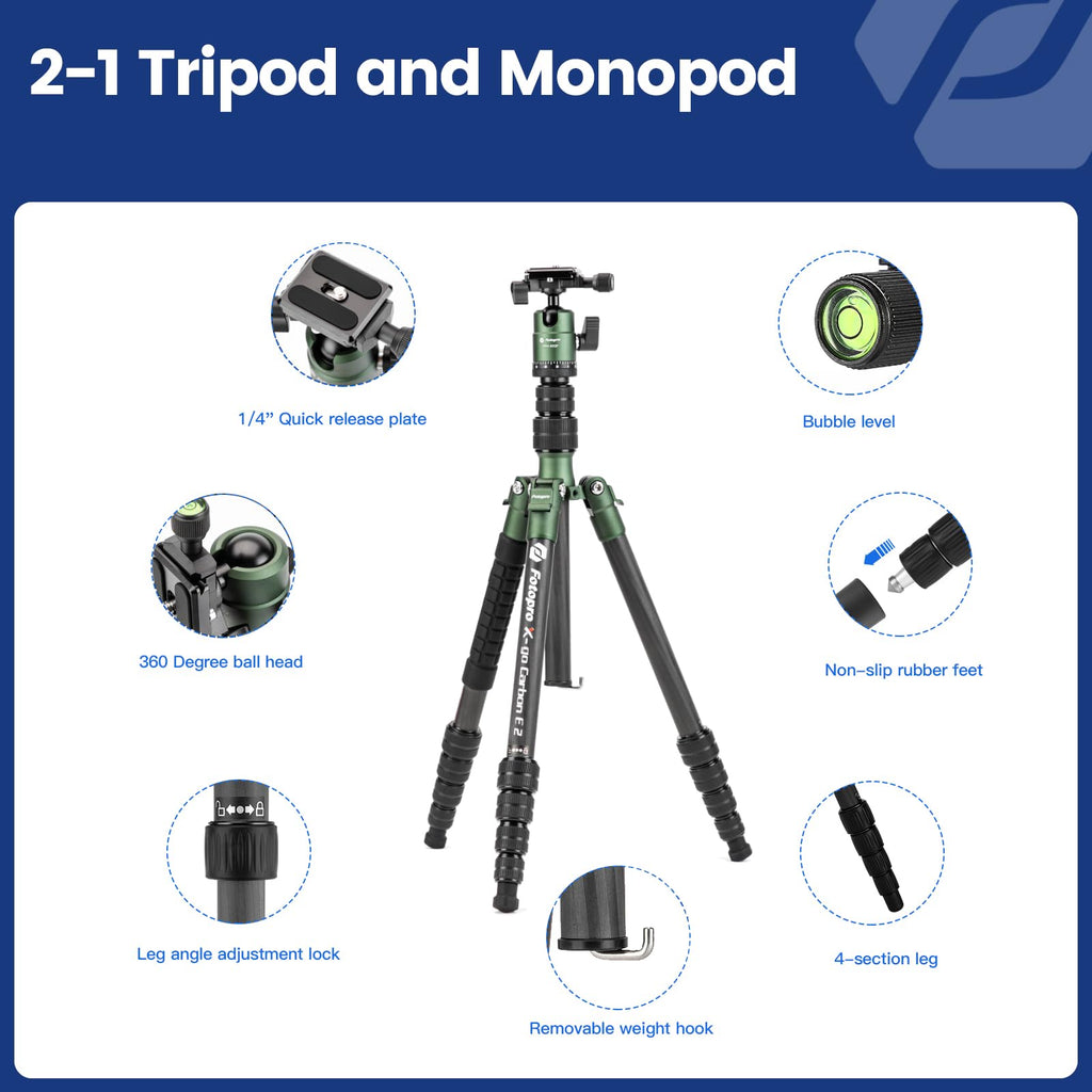 60" Carbon Fiber Camera Tripod with Ball Head and Monopod F2682