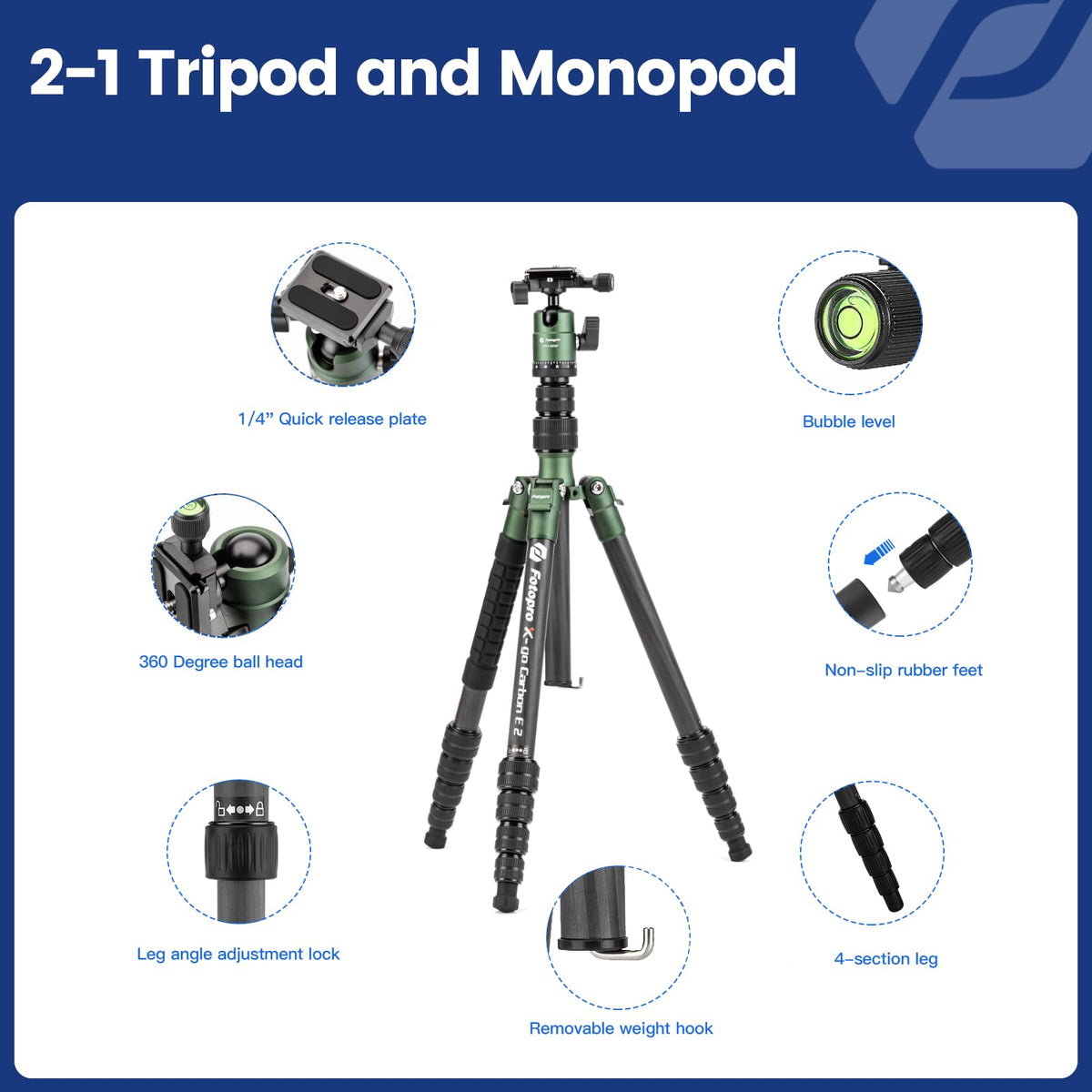 60" Carbon Fiber Camera Tripod with Ball Head and Monopod F2682