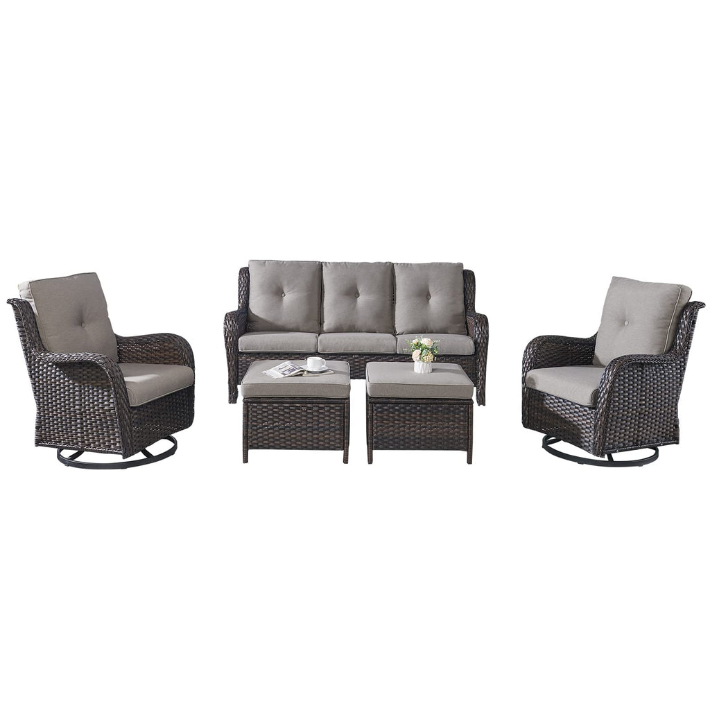 5 Piece Rattan Wicker Patio Furniture Set with Swivel Rocker Chairs Ottomans and Sofa N964