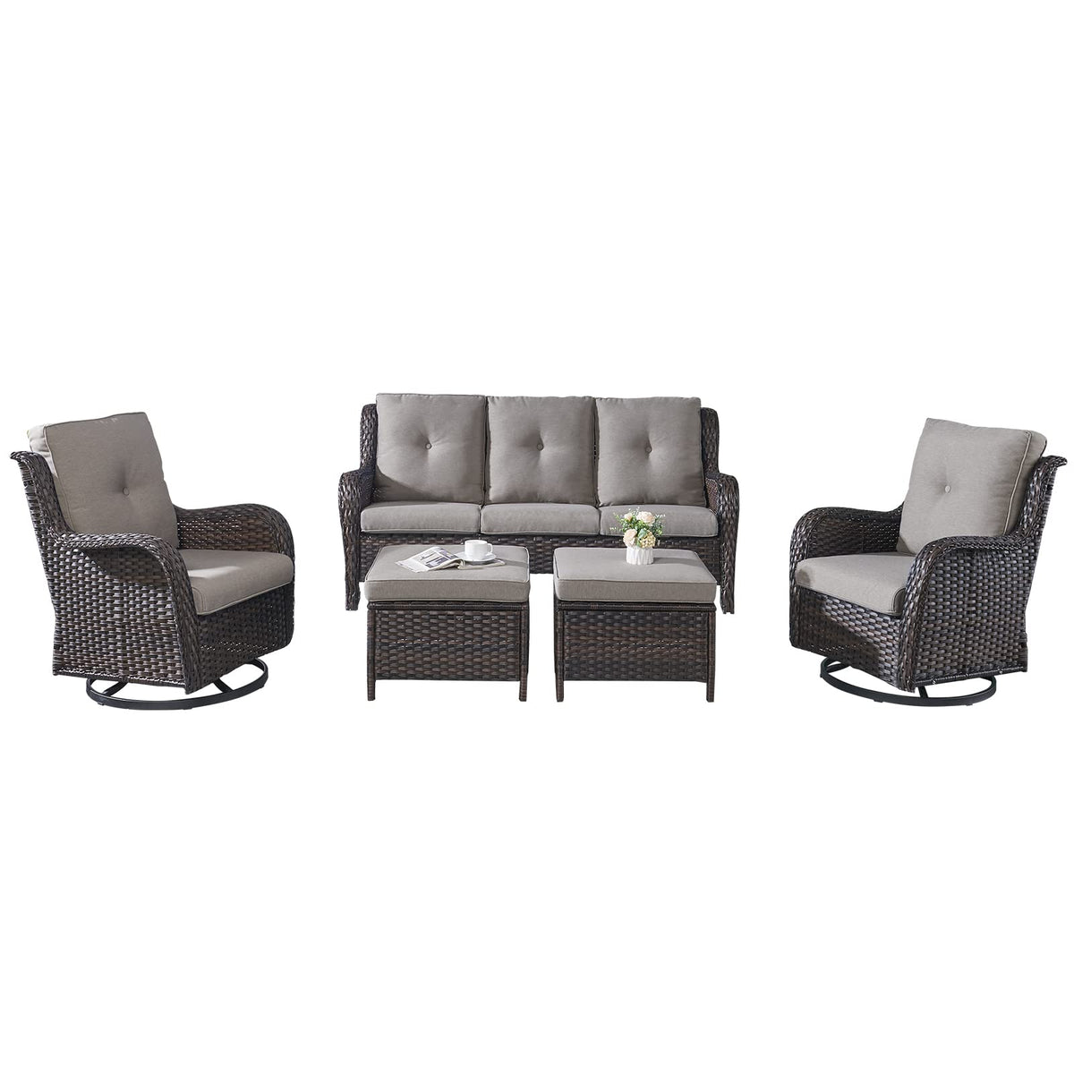 5 Piece Rattan Wicker Patio Furniture Set with Swivel Rocker Chairs Ottomans and Sofa N964
