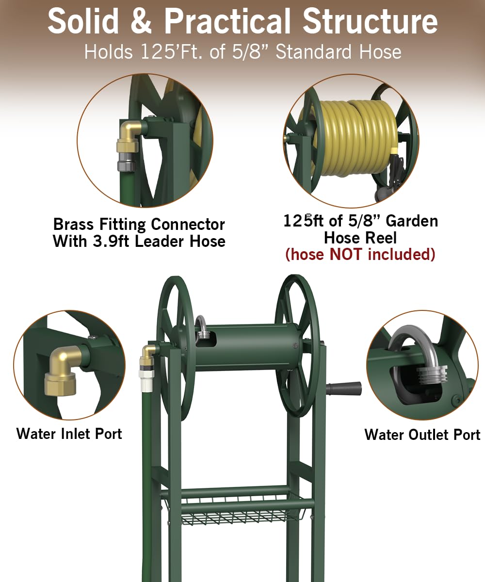 Ground Mount Garden Hose Reel Holds 125 Feet with Storage Rack Y493000