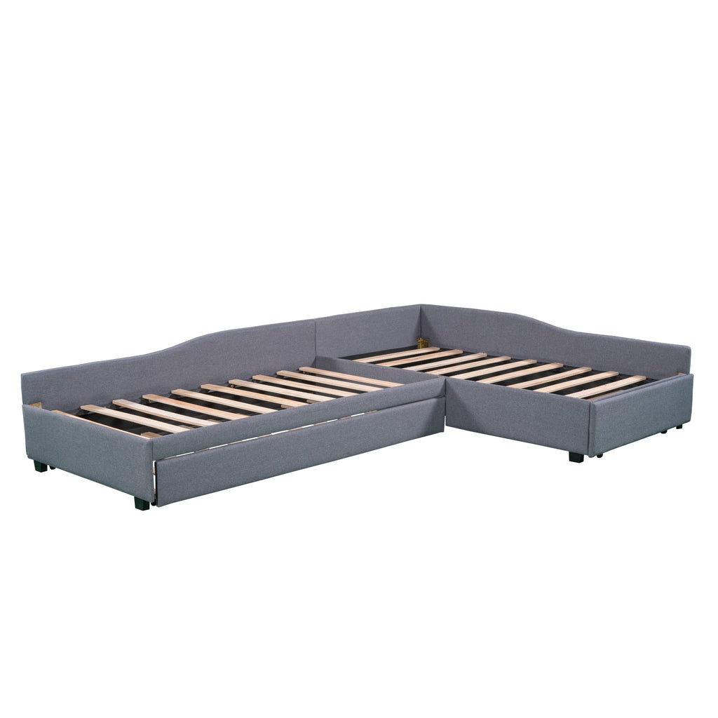 Gray Linen Upholstered Double Twin Size Daybed with Trundle and Drawer M6277