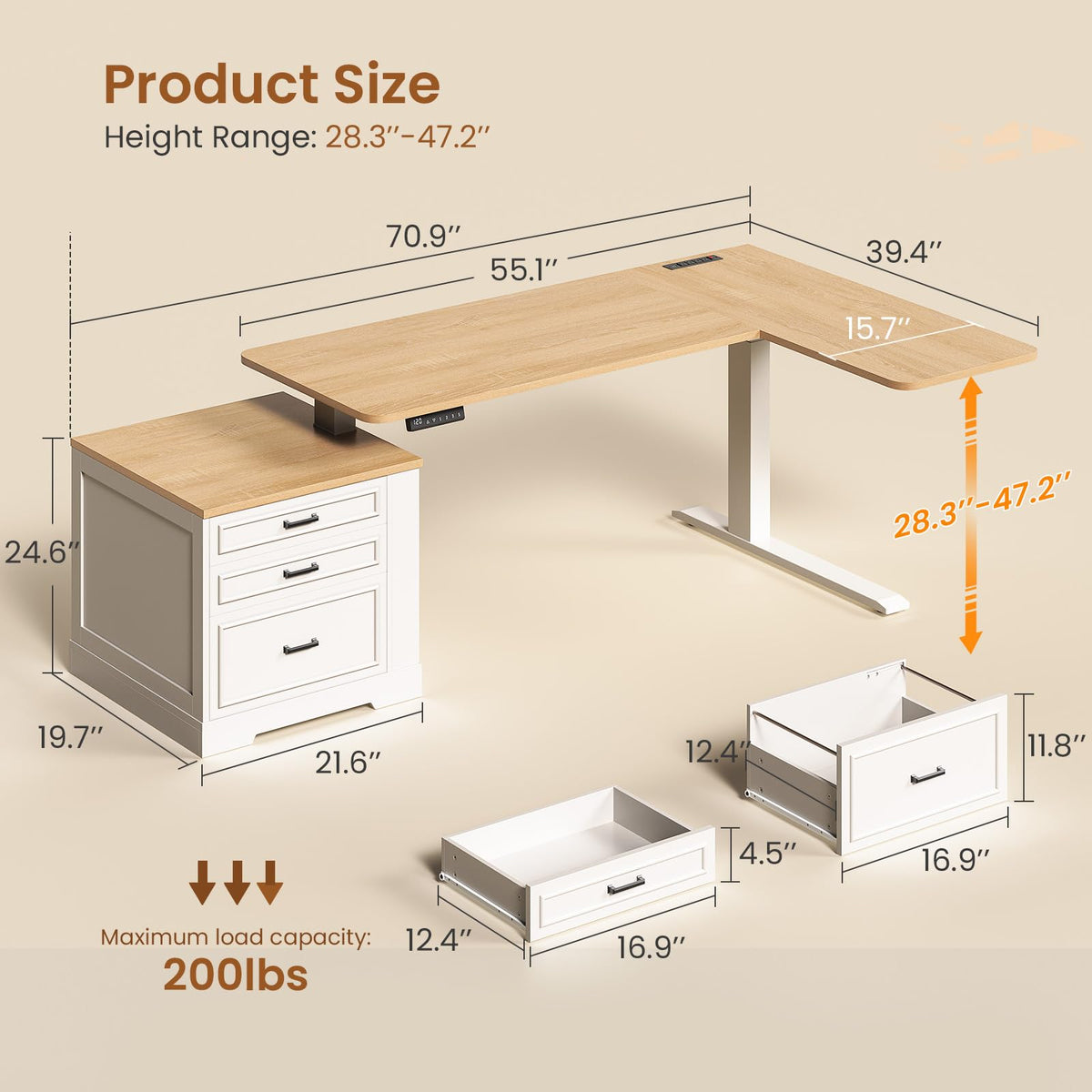 L Shaped Height Adjustable Standing Desk with 3 Drawers W29963