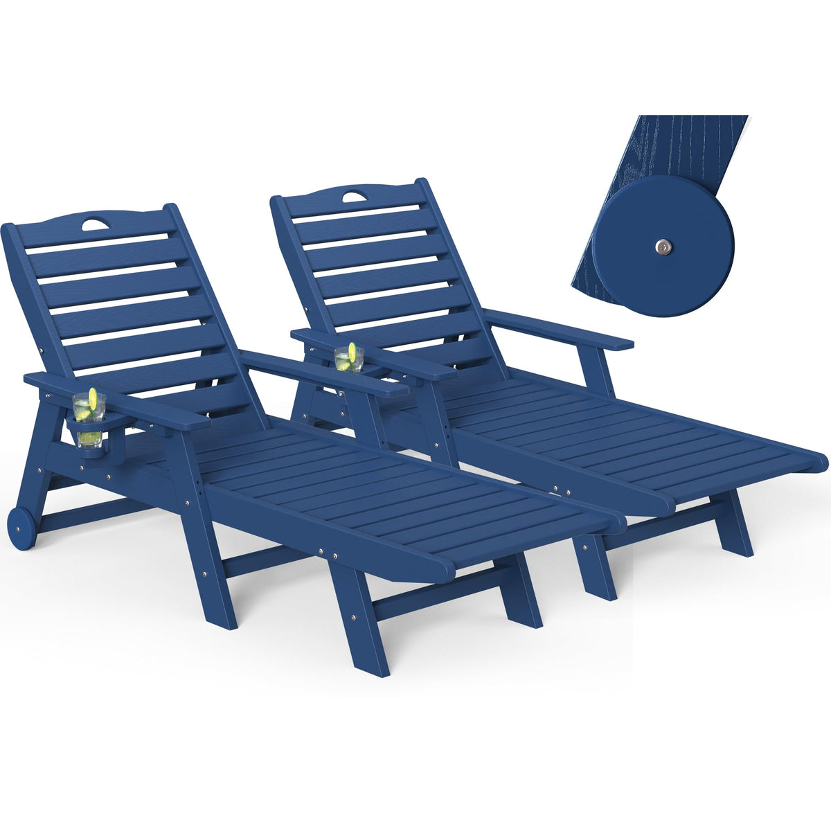 Set of 2 Outdoor Chaise Lounge Chairs with Wheels & Cup Holder Q4280