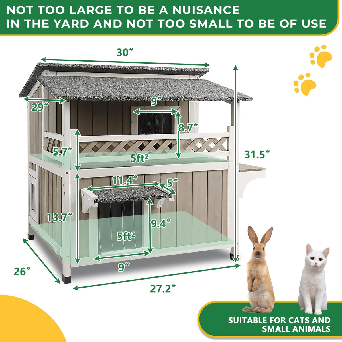 Weatherproof 2-Story Outdoor Cat House with Balcony H61664