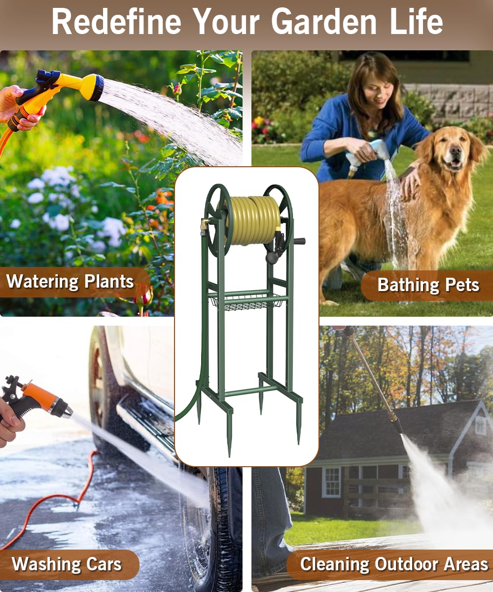 Ground Mount Garden Hose Reel Holds 125 Feet with Storage Rack Y493000