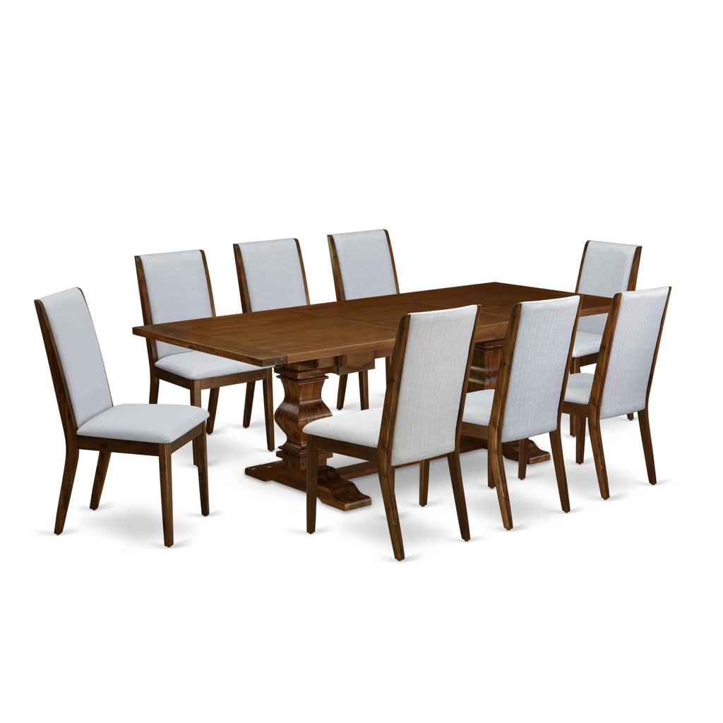 9 Piece Walnut Dining Room Set with 8 Grey Linen Chairs L31013