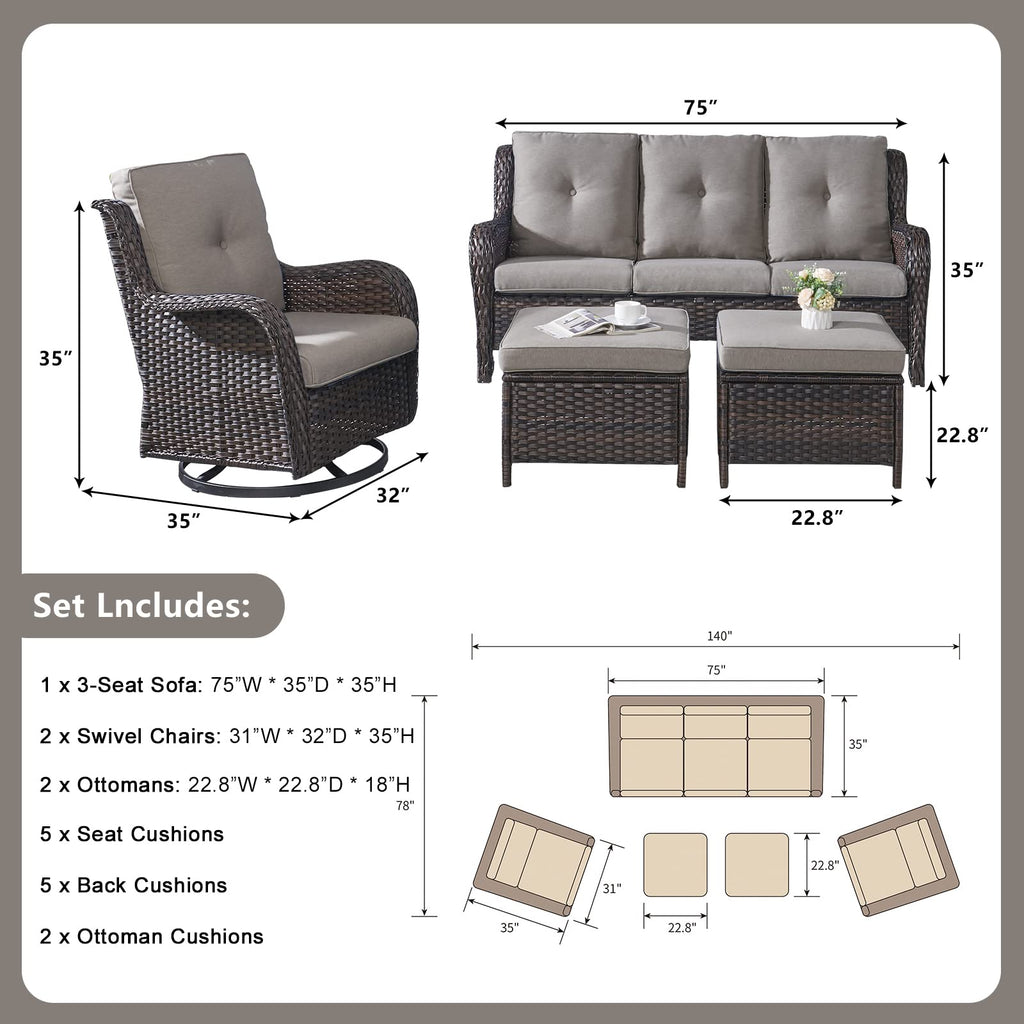 5 Piece Rattan Wicker Patio Furniture Set with Swivel Rocker Chairs Ottomans and Sofa N964