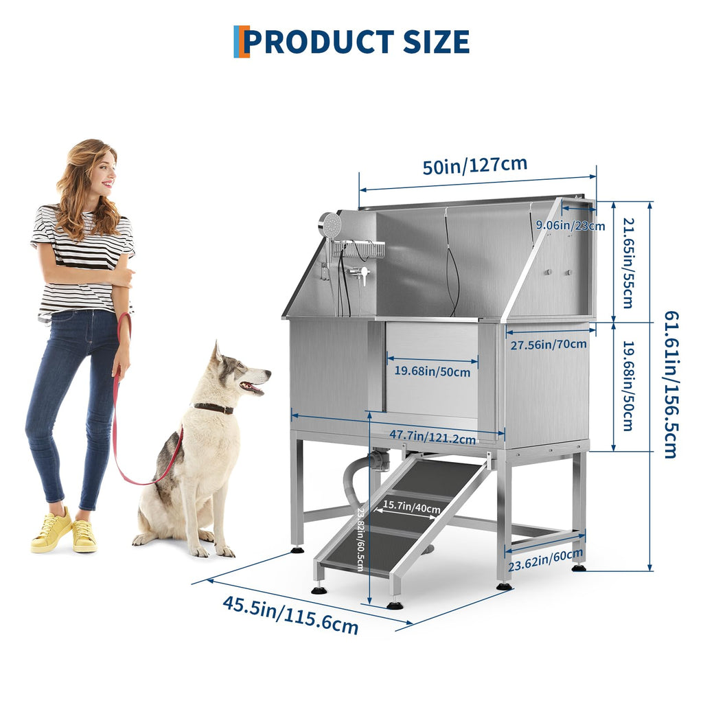 50" Stainless Steel Pet Bathing Tub with Sloped Ramp W49121