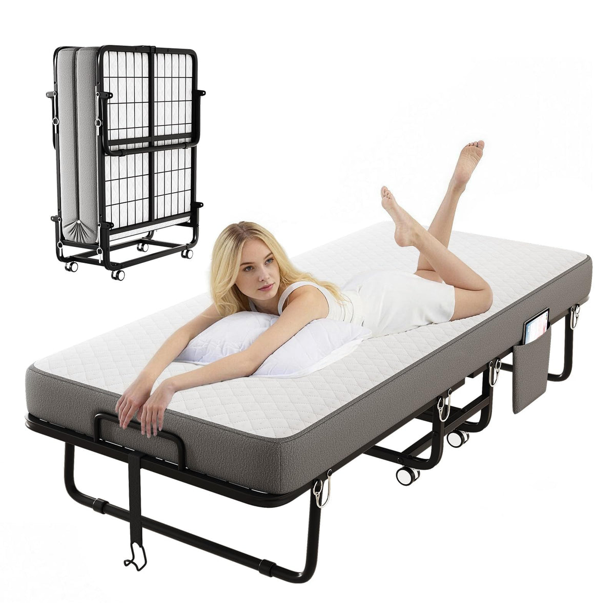 Folding Bed with Mattress, Memory Mattress Metal Frame Single Bed O11149