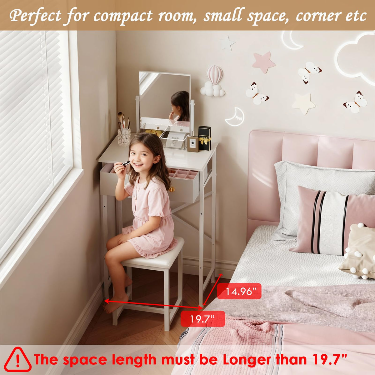 White Compact Vanity Desk with Mirror and Chair U135770