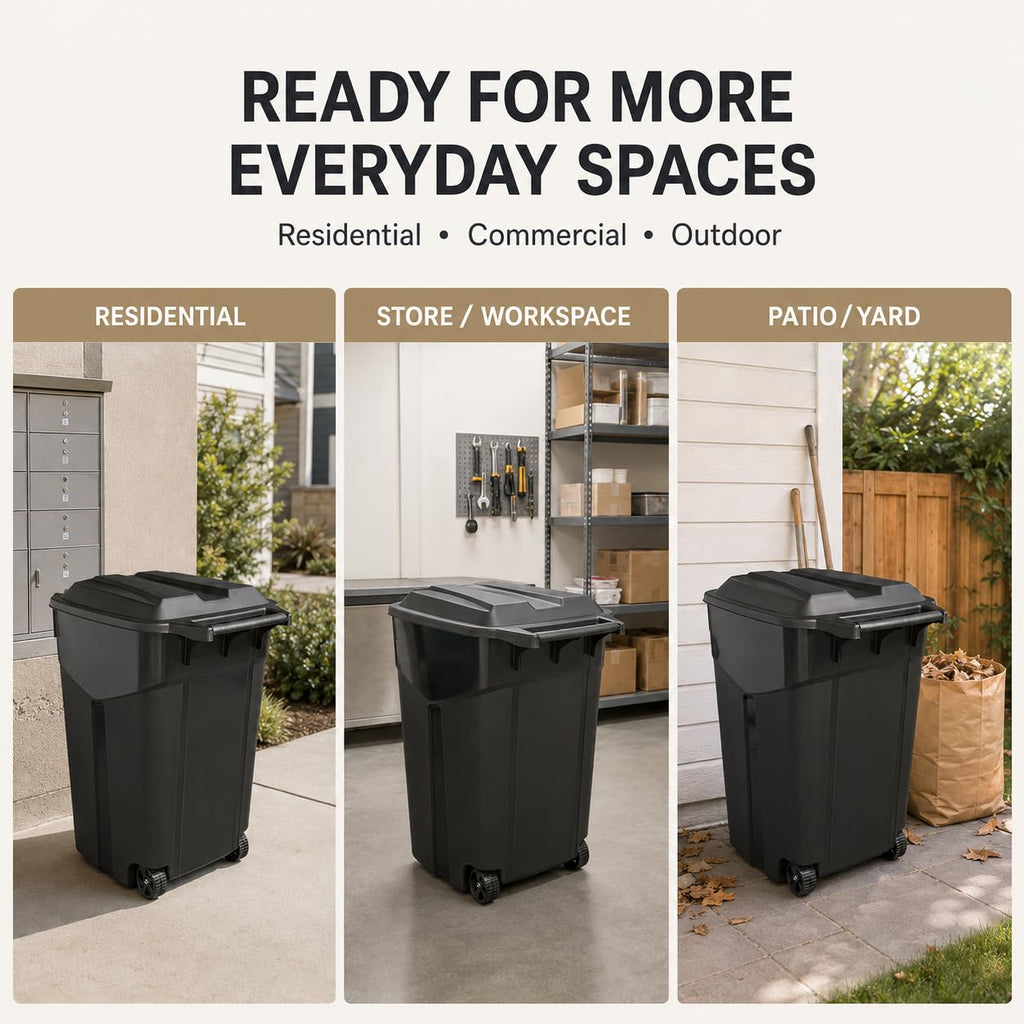 45 Gallon Black Outdoor Trash Can with Wheels and Attached Lid P735