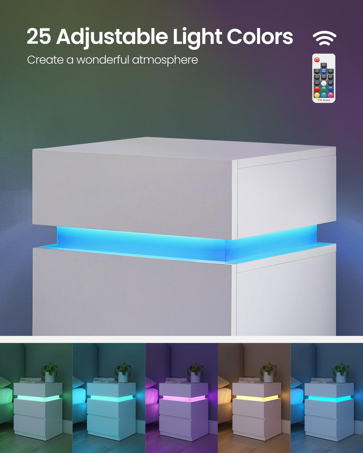 LED Nightstand with Charging Station, 3 Drawers E474508