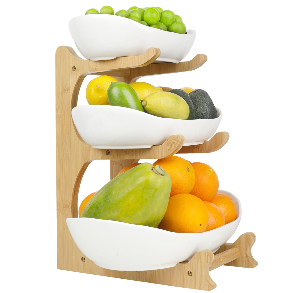 3 Tier Ceramic Fruit Bowl with Bamboo Stand D968
