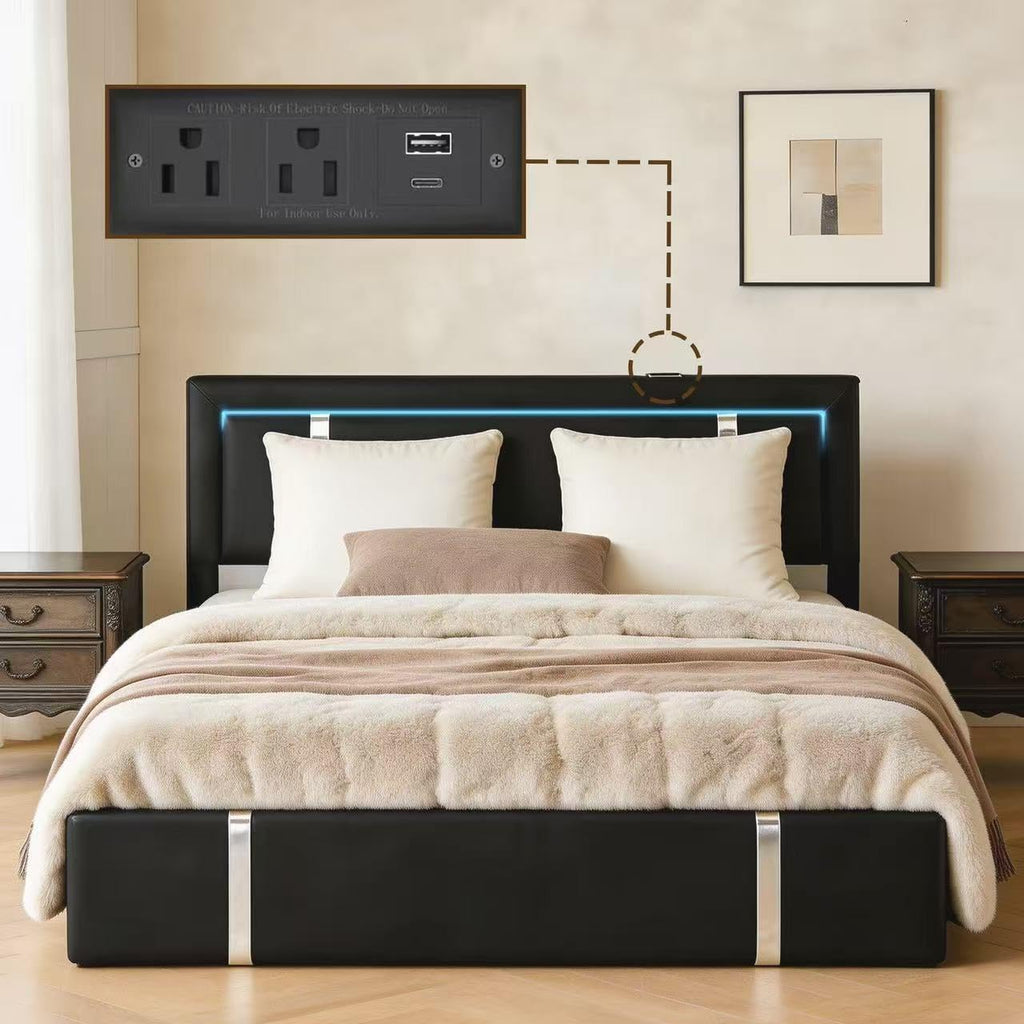 Black Faux Leather Upholstered Full Size Bed Frame with LED Headboard and USB Ports P864367