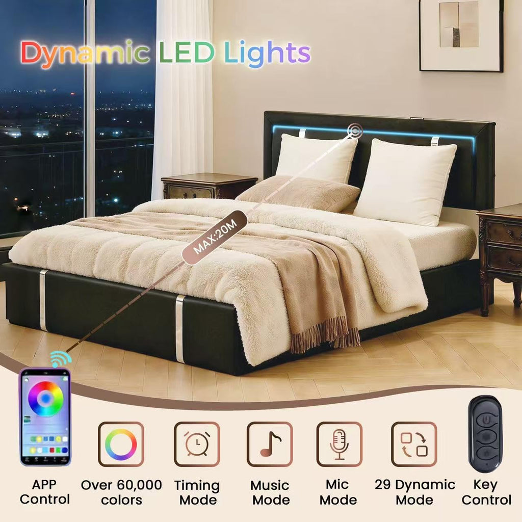 Black Faux Leather Upholstered Full Size Bed Frame with LED Headboard and USB Ports P864367