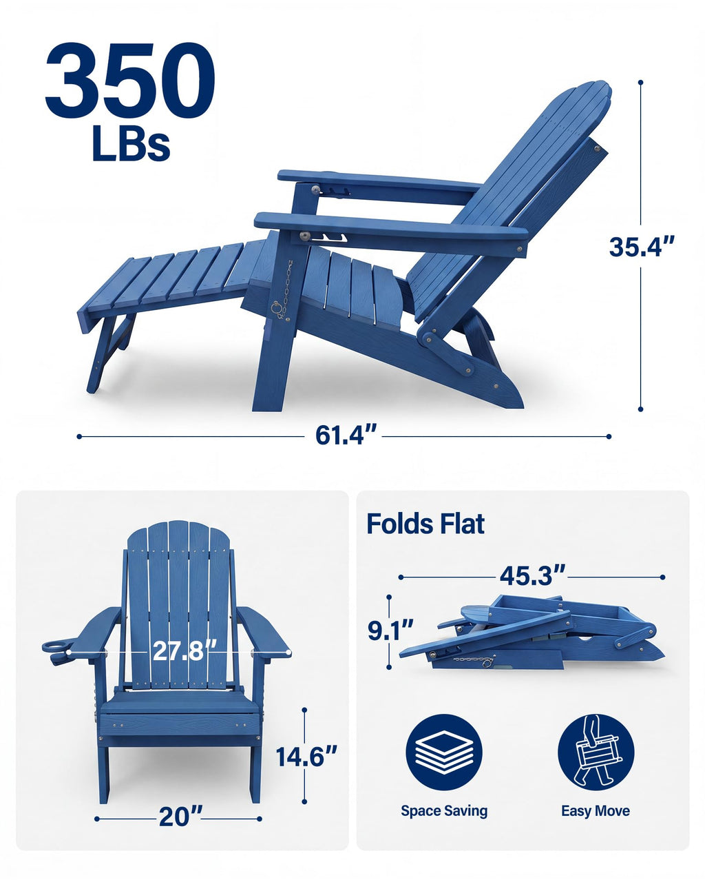 Blue HDPE Adirondack Chairs with Footrest Set of 4 Y97631