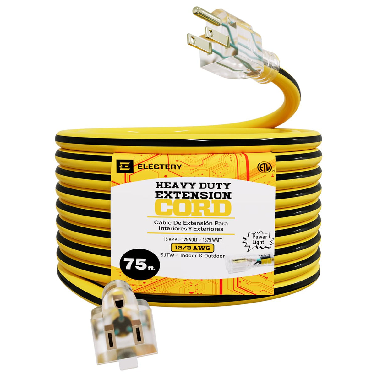 12 Gauge 75 Ft Heavy Duty Extension Cord SJTW Yellow 15Amp 1875W C39017