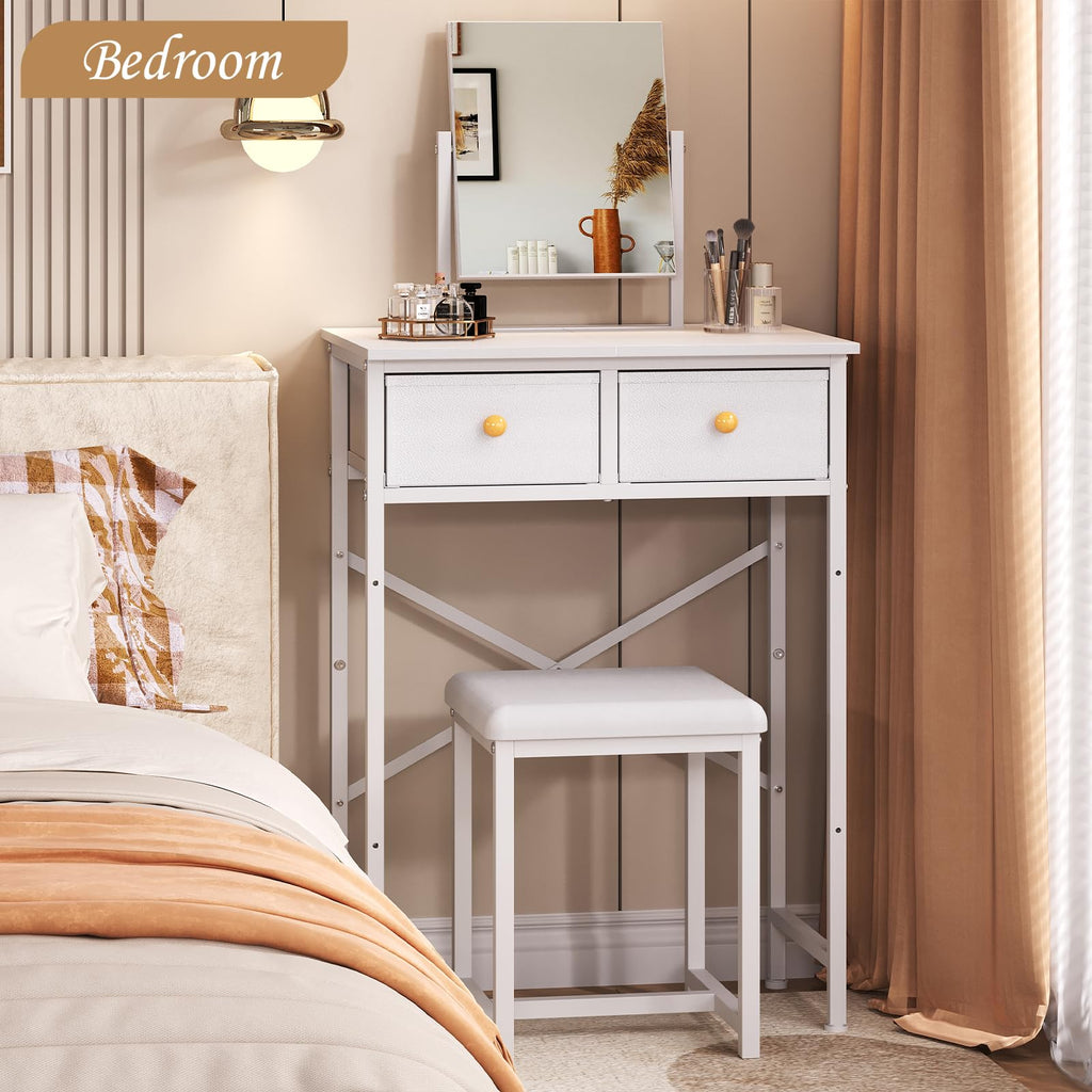 White Compact Vanity Desk with Mirror and Chair U135770