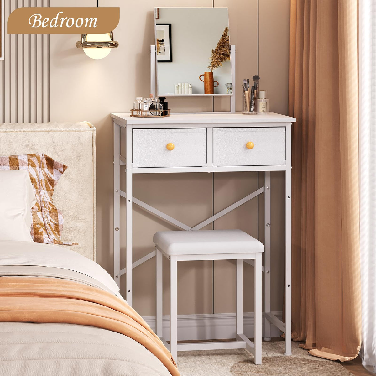 White Compact Vanity Desk with Mirror and Chair U135770