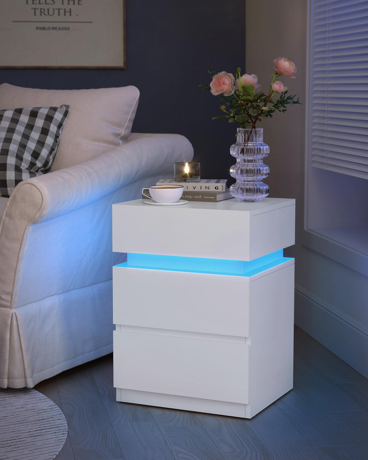 LED Nightstand with Charging Station, 3 Drawers E474508
