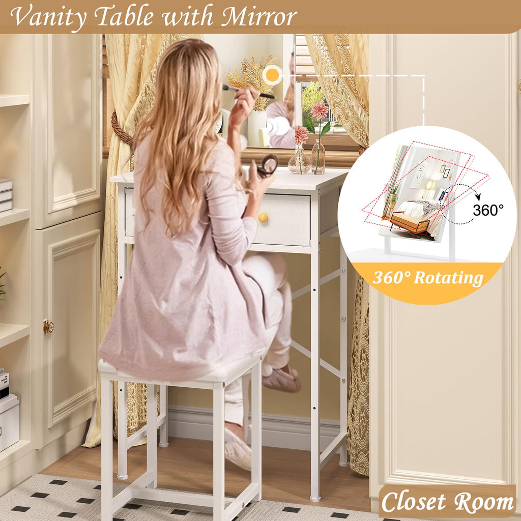 White Compact Vanity Desk with Mirror and Chair U135770