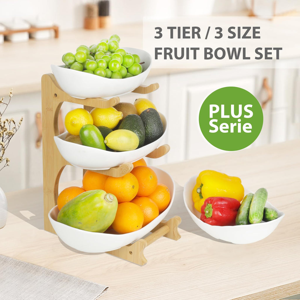 3 Tier Ceramic Fruit Bowl with Bamboo Stand D968