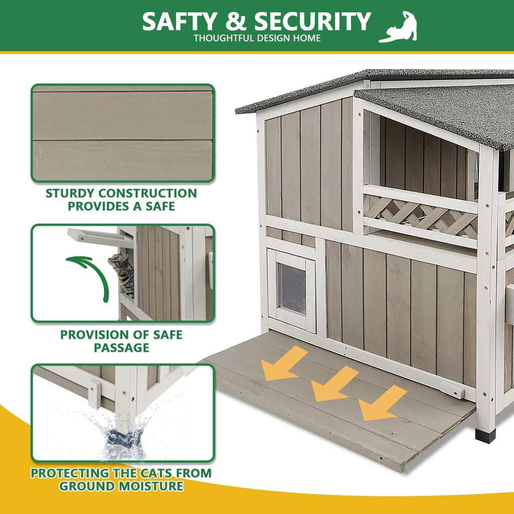 Weatherproof 2-Story Outdoor Cat House with Balcony H61664