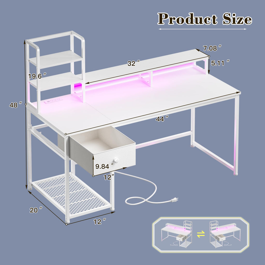 44" White Gaming Desk with Hutch & Shelves W290300