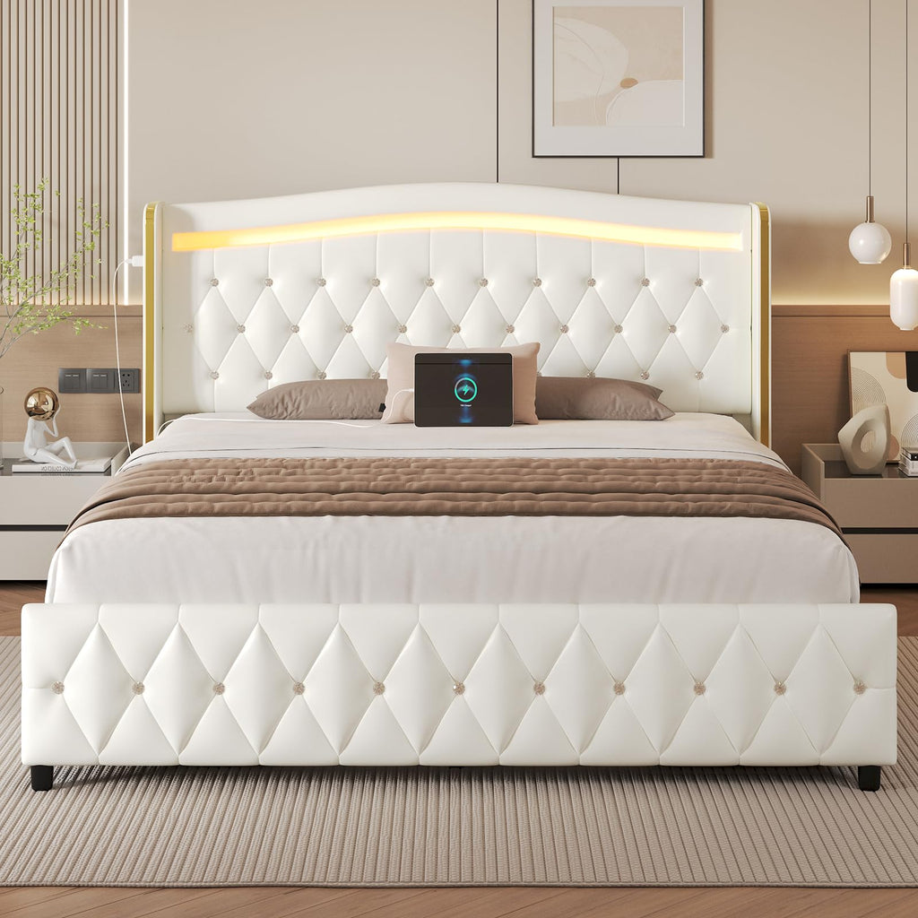 White Full Size Bed Frame with 4 Storage Drawers H4600