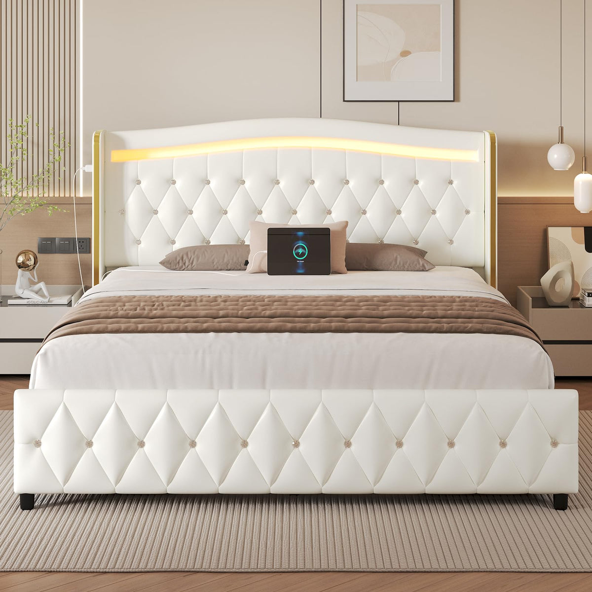 White Full Size Bed Frame with 4 Storage Drawers H4600