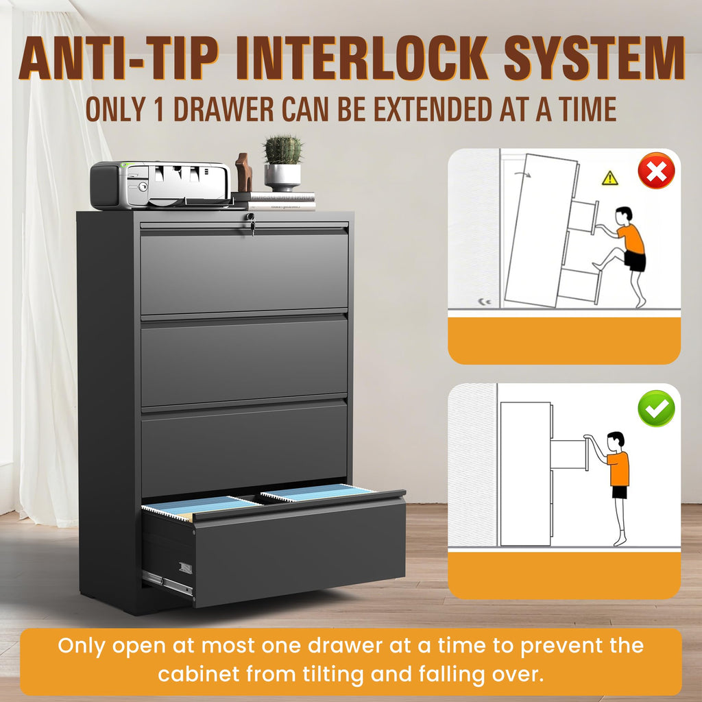 Black 4 Drawer Metal Lateral File Cabinet with Lock Z492973