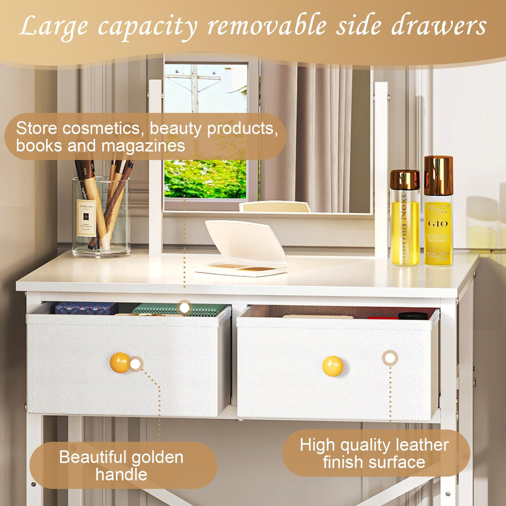 White Compact Vanity Desk with Mirror and Chair U135770