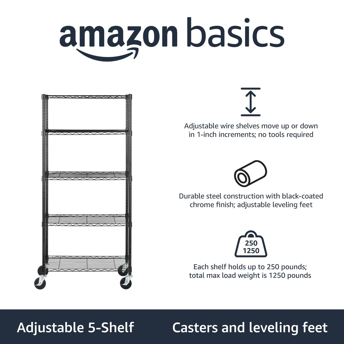 5-Shelf Heavy Duty Adjustable Metal Wire Shelving Storage Rack with Wheel Casters, Black V6441