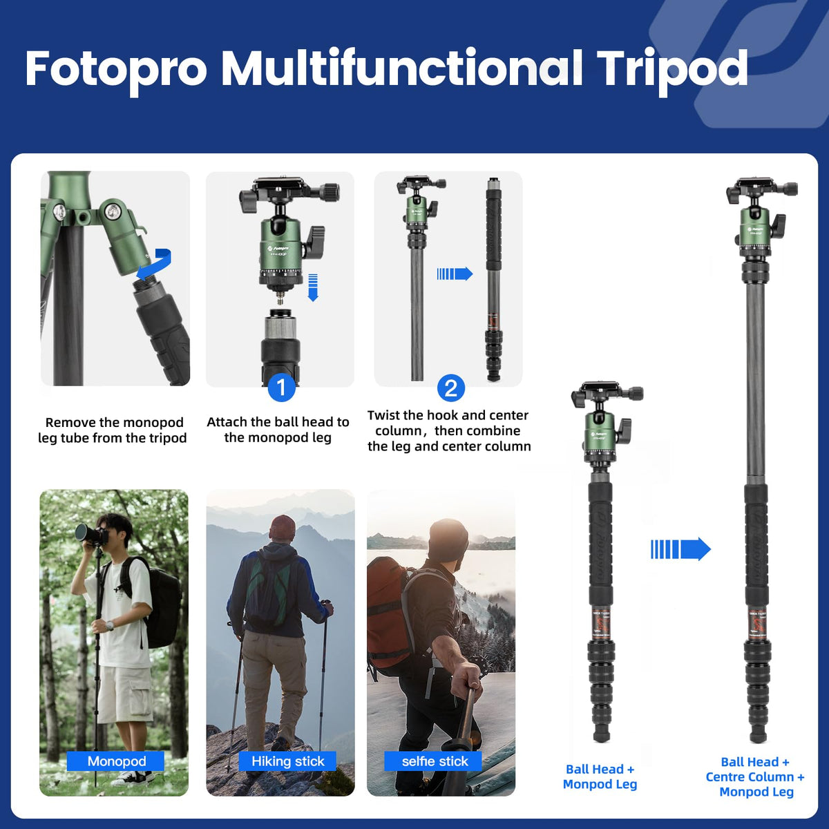 60" Carbon Fiber Camera Tripod with Ball Head and Monopod F2682