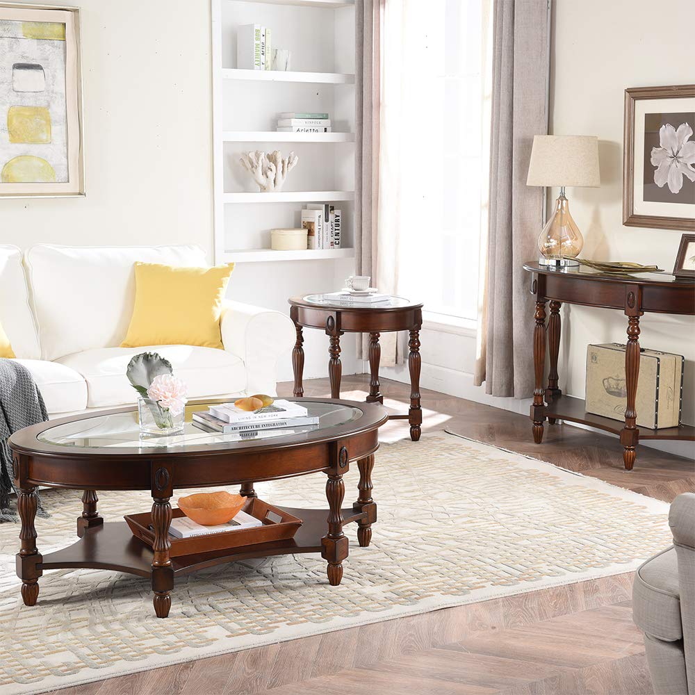 Wood Oval End Table with Glass Top Y237090
