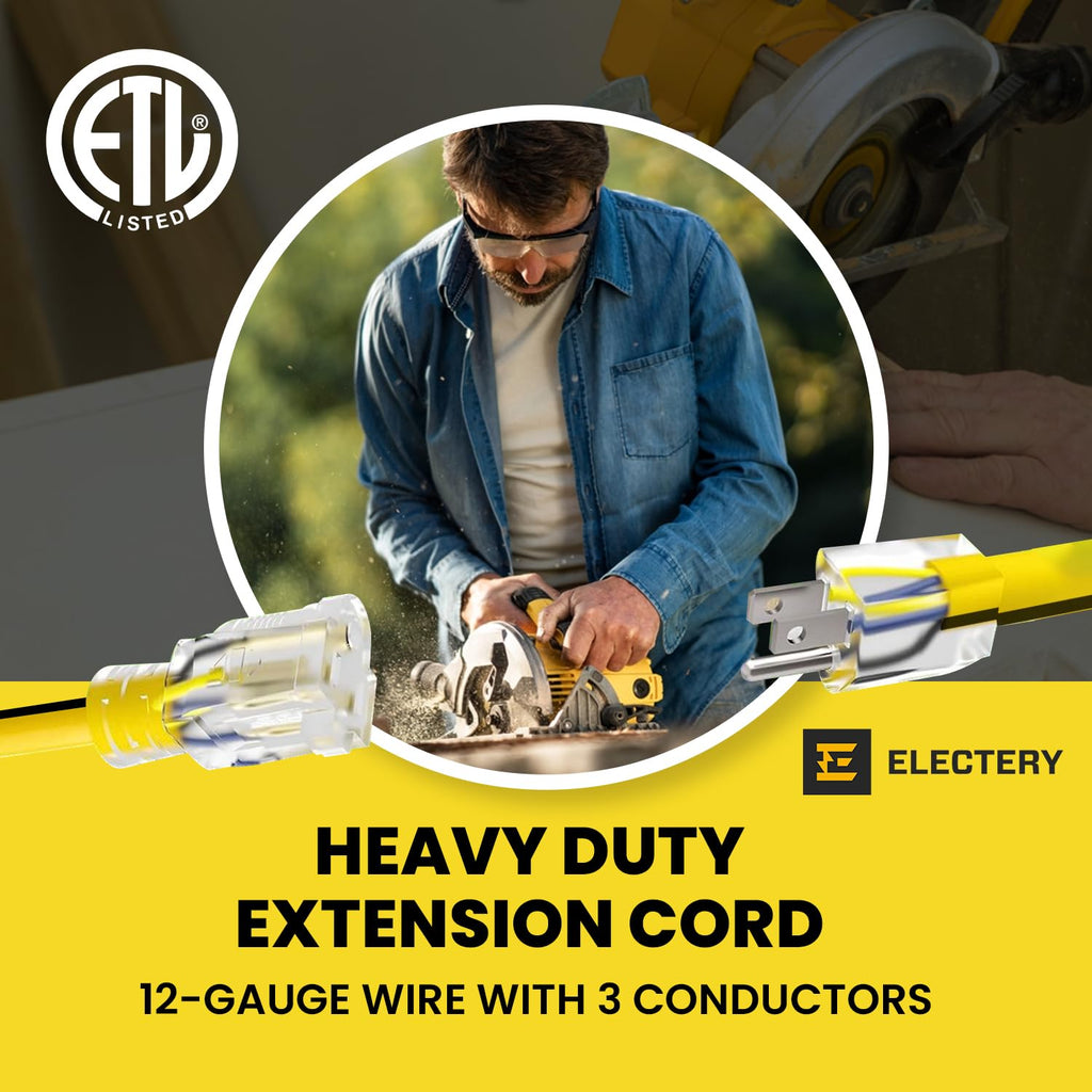 12 Gauge 75 Ft Heavy Duty Extension Cord SJTW Yellow 15Amp 1875W C39017