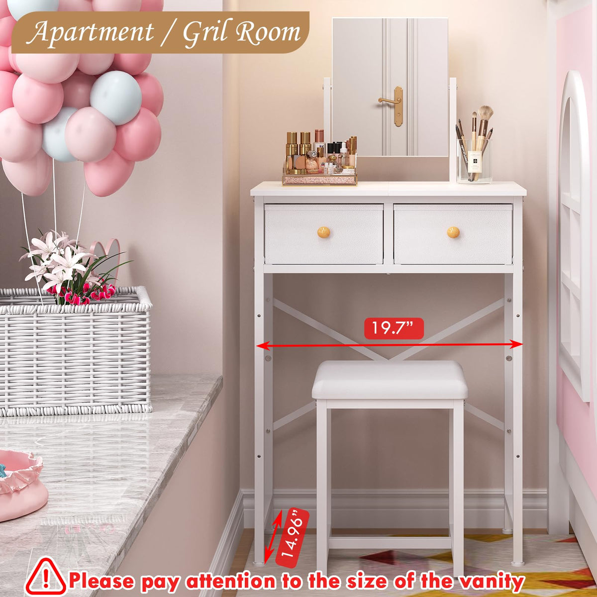 White Compact Vanity Desk with Mirror and Chair U135770