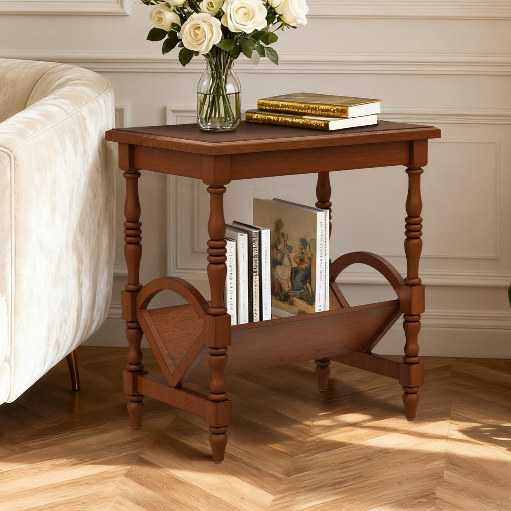 Wood End Table with Magazine Rack and Rubberwood Legs O856