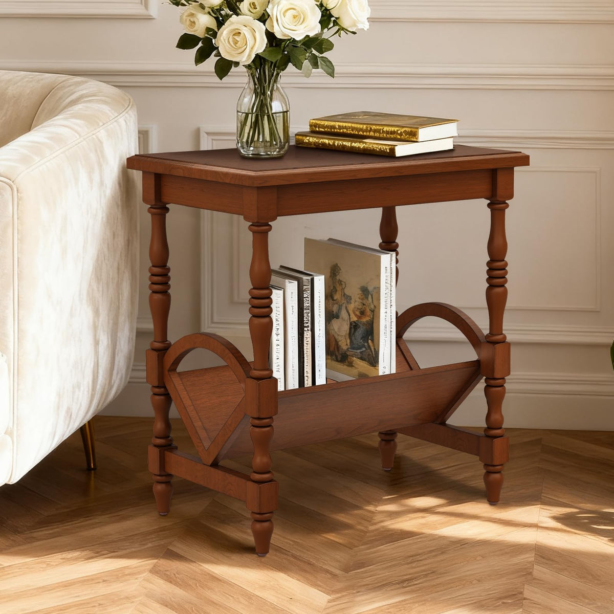 Wood End Table with Magazine Rack and Rubberwood Legs O856